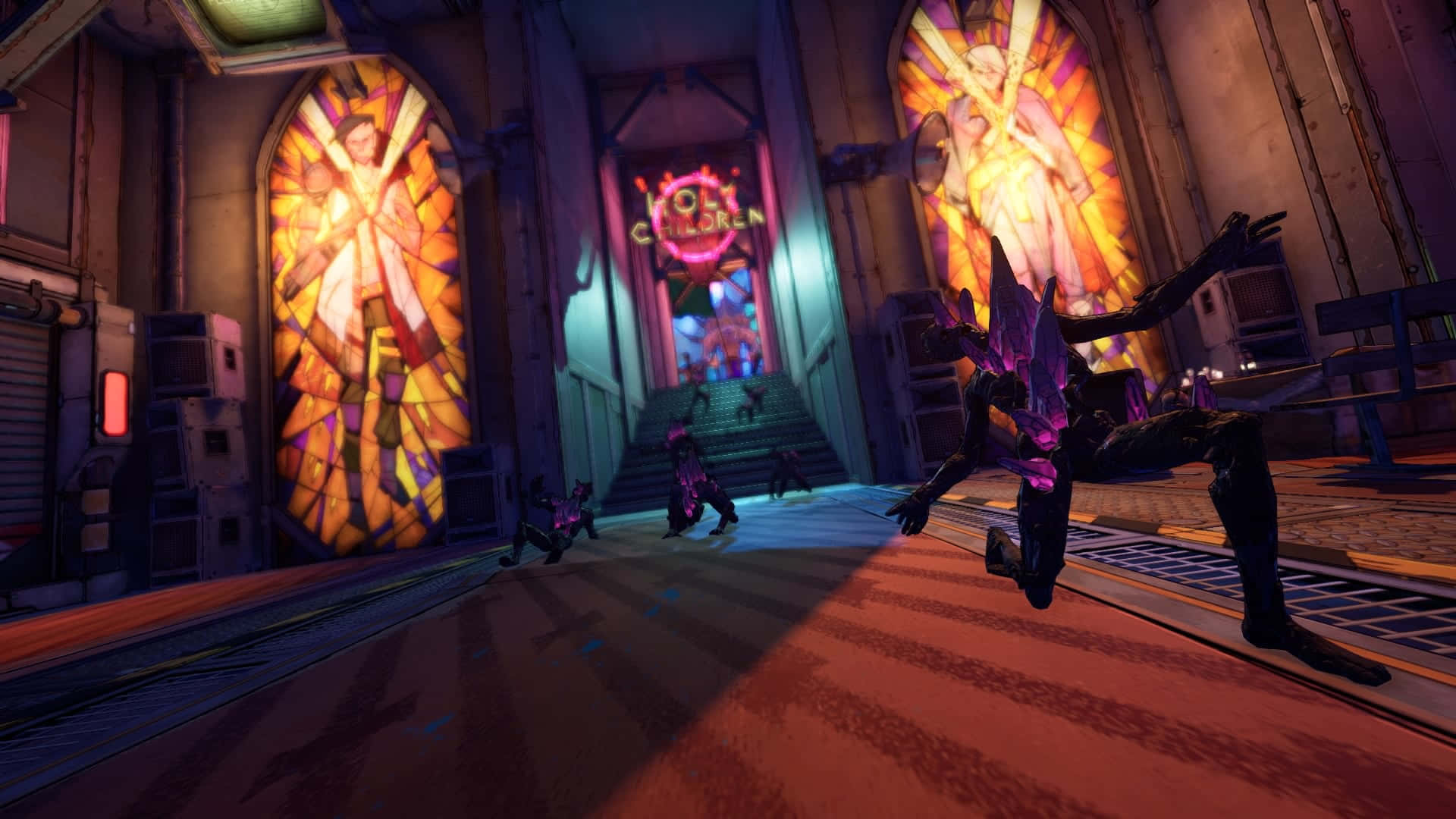 Best Borderlands 3 桌布 壁紙 — 遊戲場景，紫色盔甲人物身處大教堂般的空間，有彩繪玻璃窗和霓虹燈招牌。