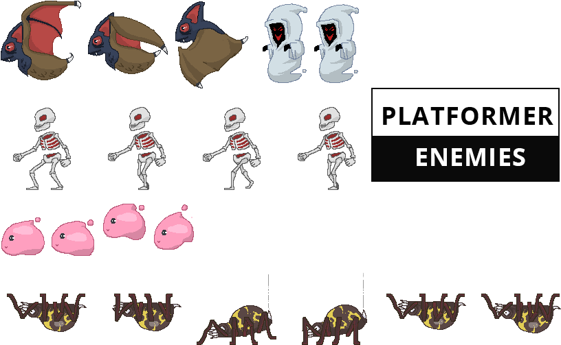 enemy 桌布 壁紙 — 遊戲敵人的像素藝術精靈，包括蝙蝠、鬼魂、骷髏、黏液怪和蜜蜂，背景為黑色。