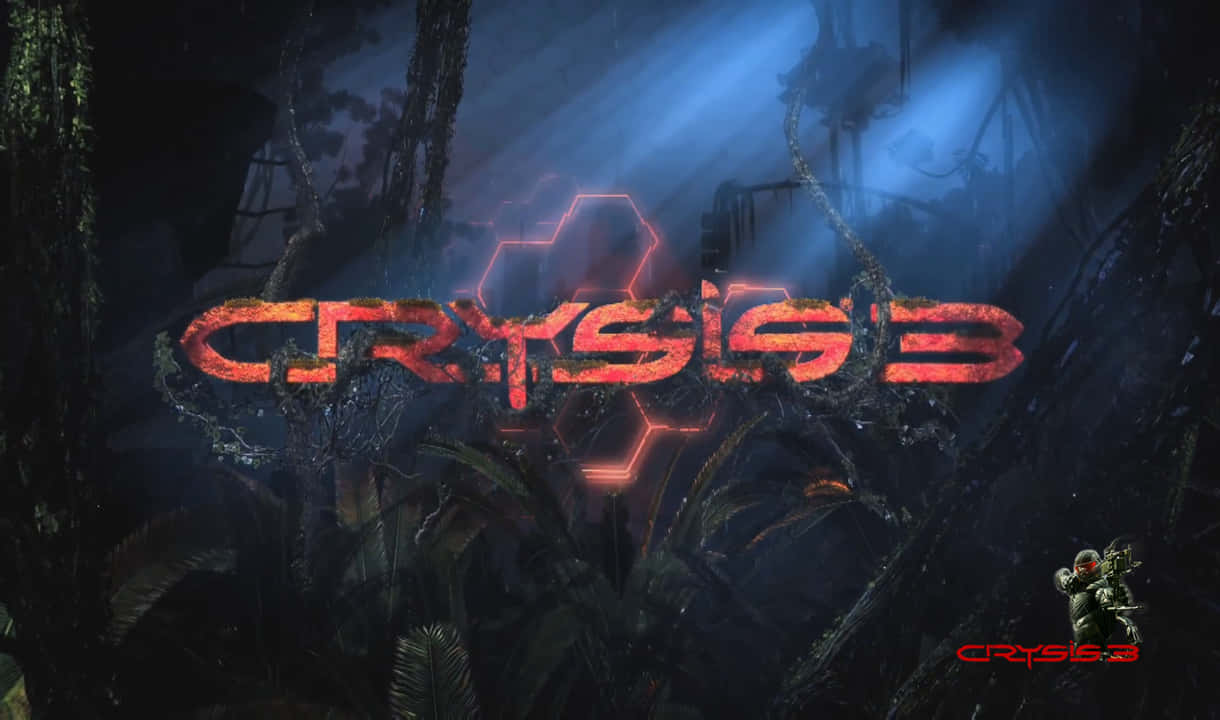 720p Crysis 3 桌布 壁紙 — 遊戲標誌 Crysis 3 在黑暗叢林廢墟中發出紅色光芒，藍色光束穿過霧氣籠罩的樹葉。