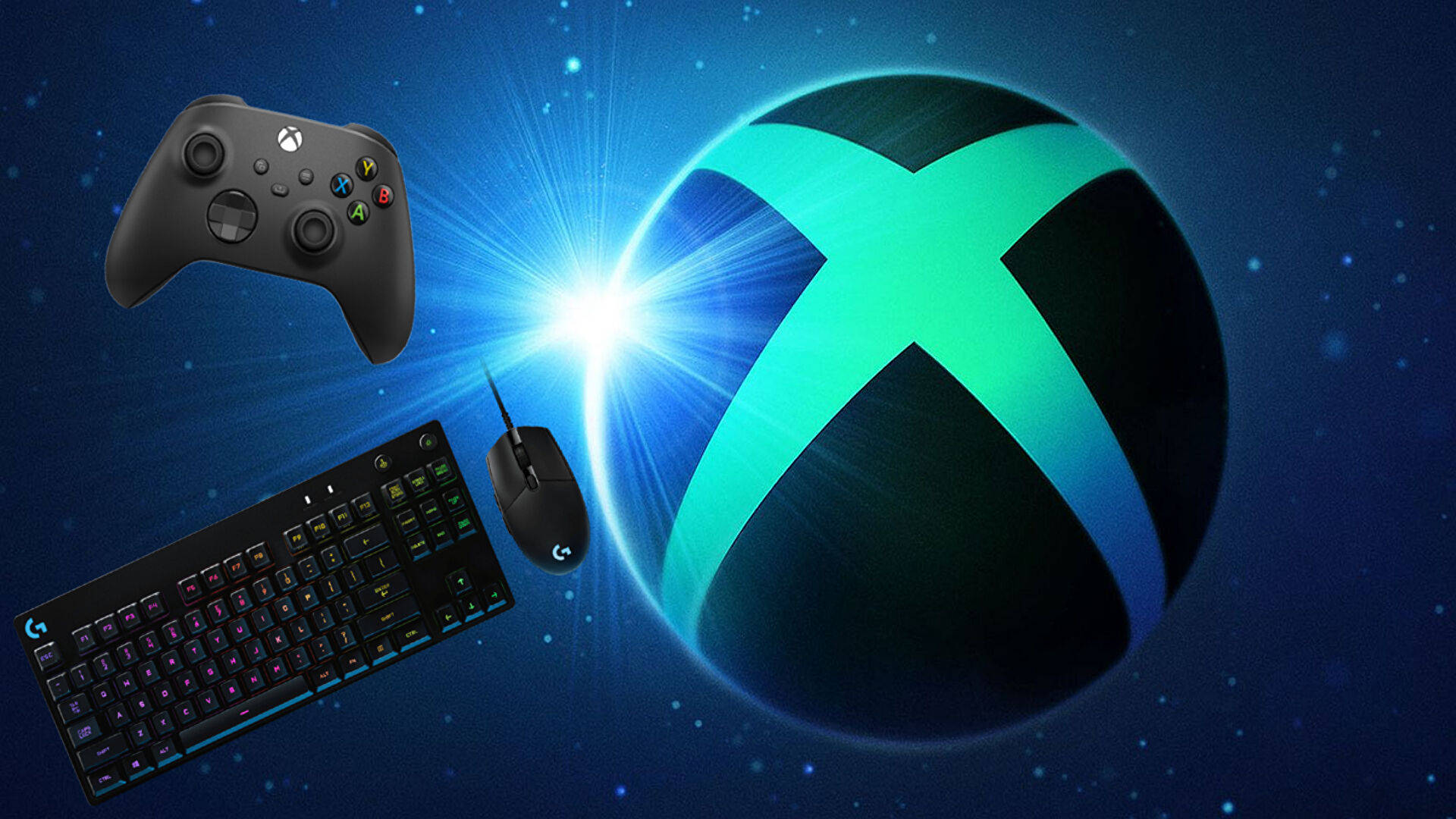 Xbox One X 桌布 壁紙 — 遊戲裝備包括控制器、鍵盤和滑鼠漂浮在發光的 Xbox 標誌前，背景是星光燦爛的宇宙。
