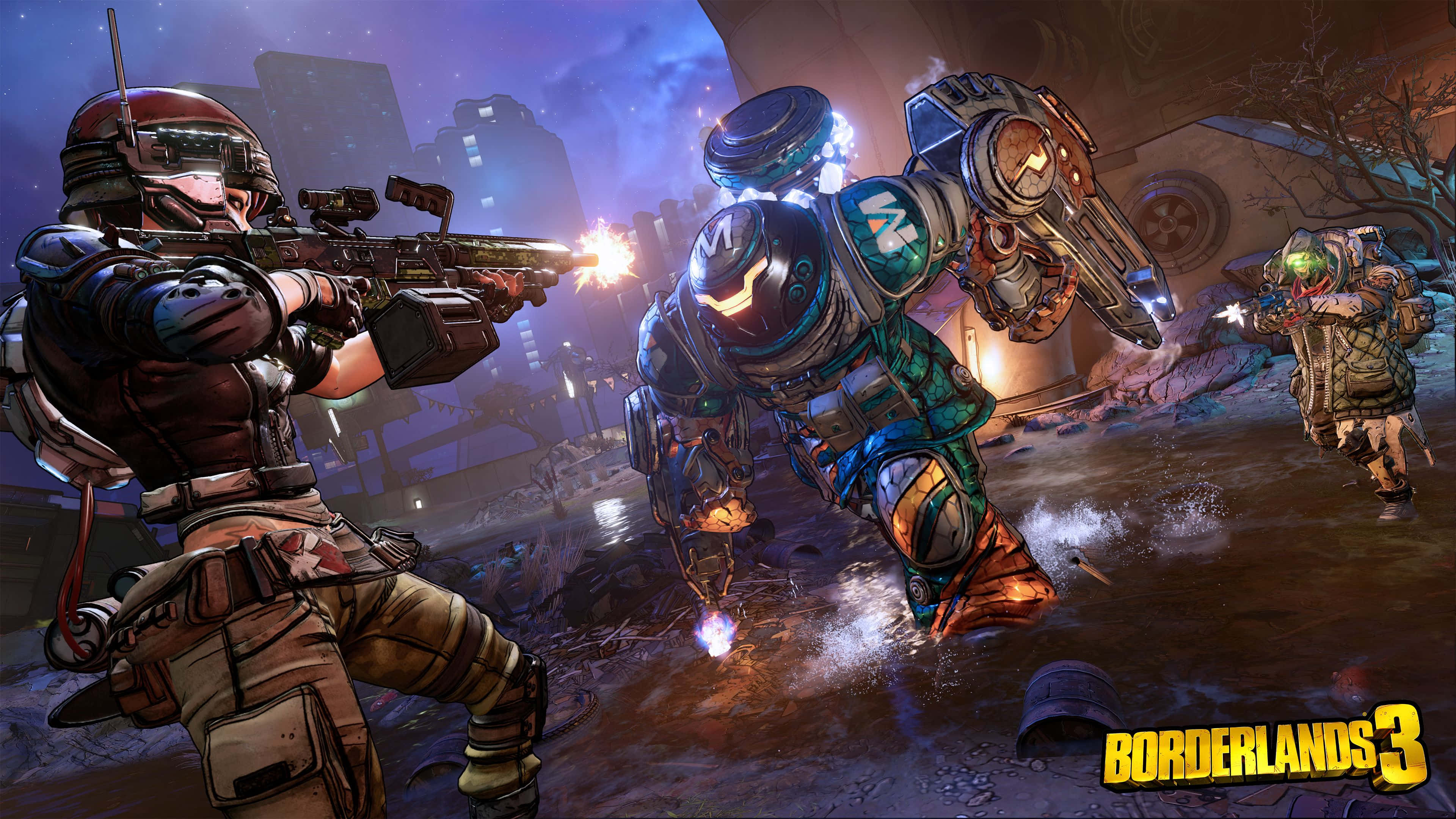 Borderlands 3 桌布 壁紙 — 遊戲角色身穿未來盔甲，在黃昏天空下的廢墟城市景觀中戰鬥。