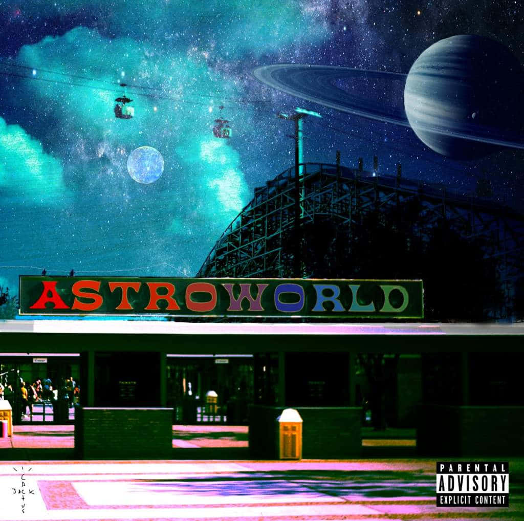 Astroworld 桌布 壁紙 — 遊樂園的超現實夜景，雲霄飛車在充滿行星和星星的宇宙天空下。