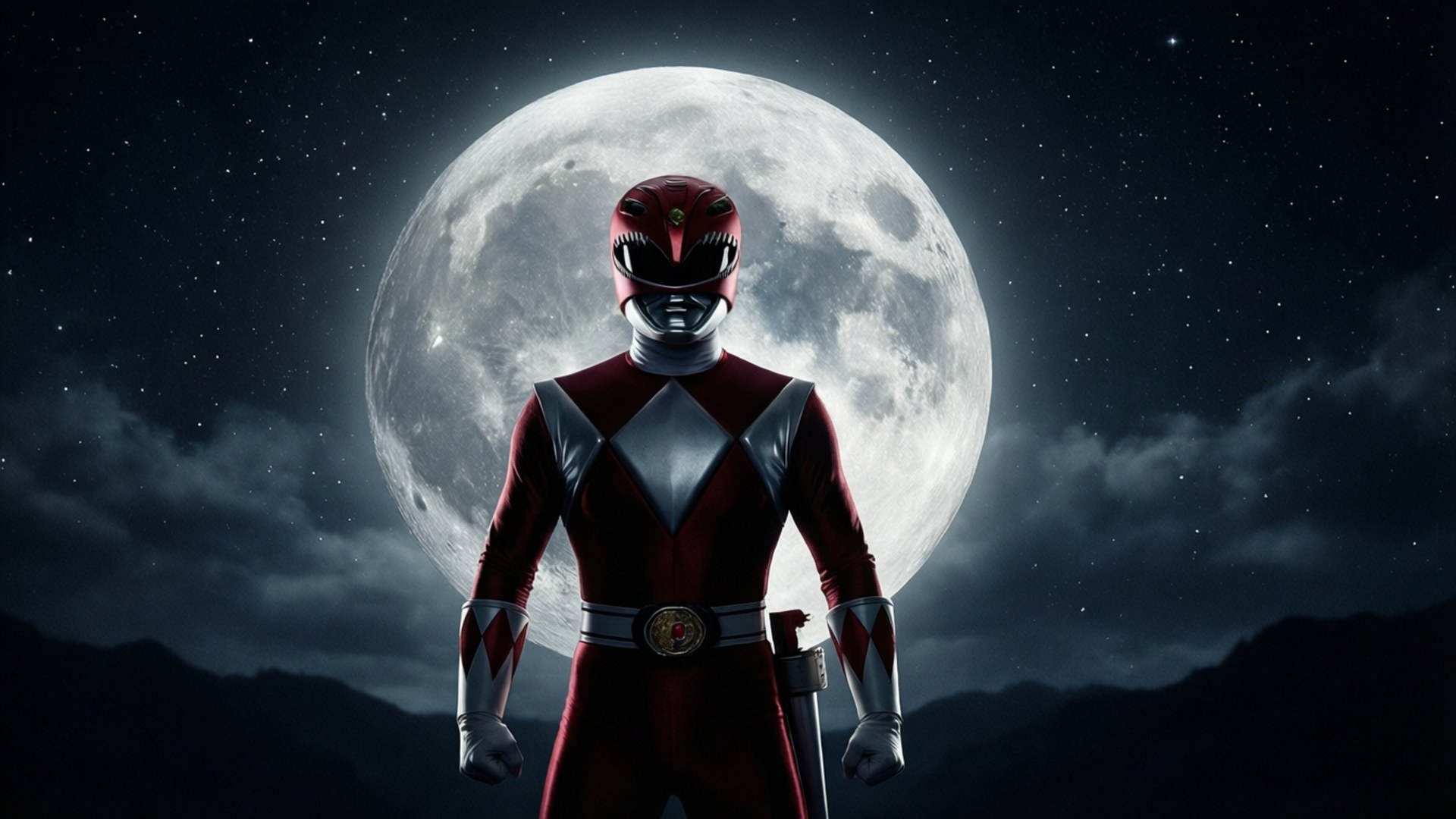 遊騎兵剪影月夜 壁紙 — 紅色Power Ranger英雄般地站在巨大月亮前，背景是星空、烏雲和遠山。