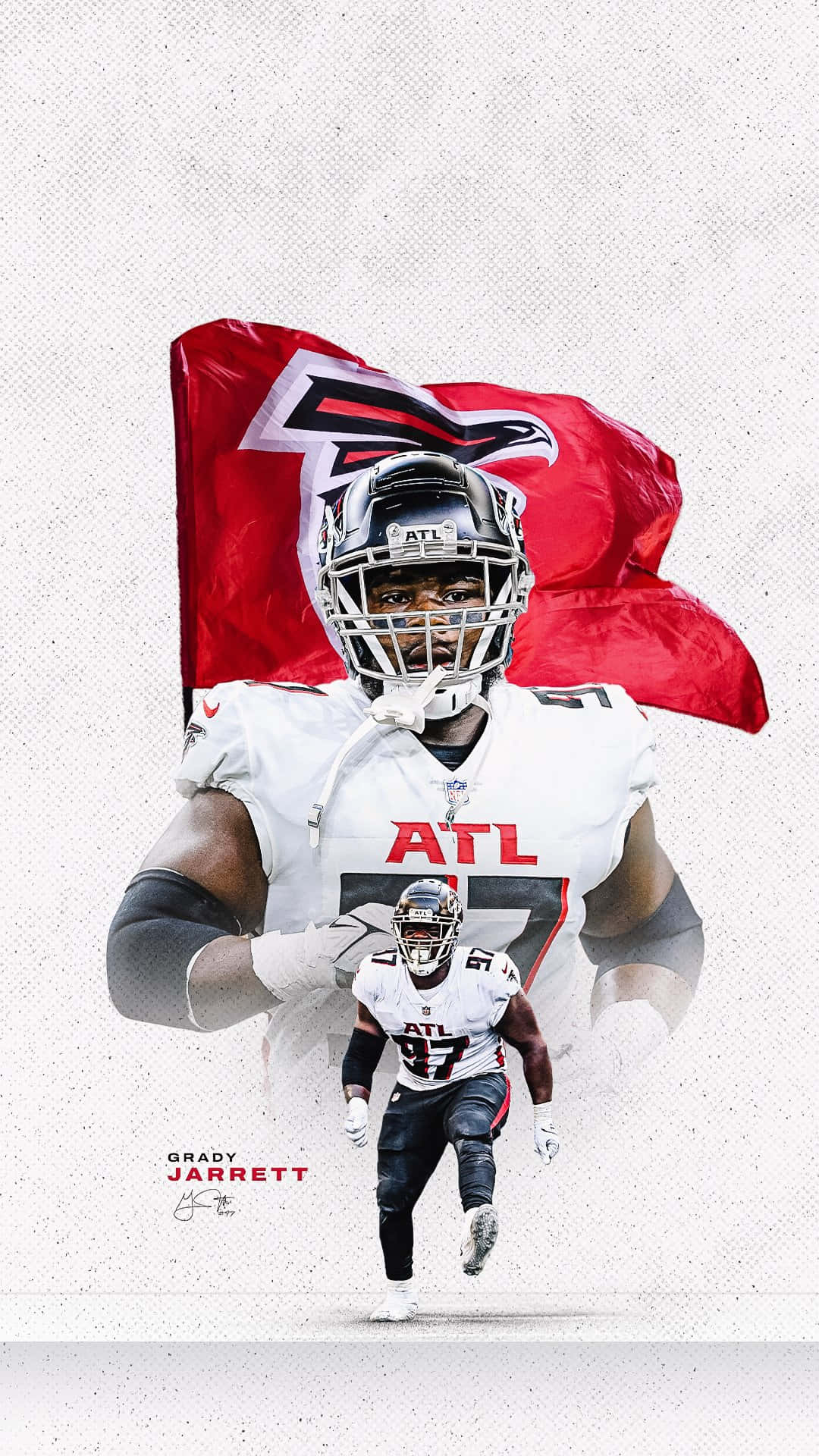 足球 桌布 壁紙 — 運動員 Grady Jarrett 身穿亞特蘭大獵鷹隊裝備，在紋理白色背景前大步向前，身後飄揚著一面紅色隊旗。