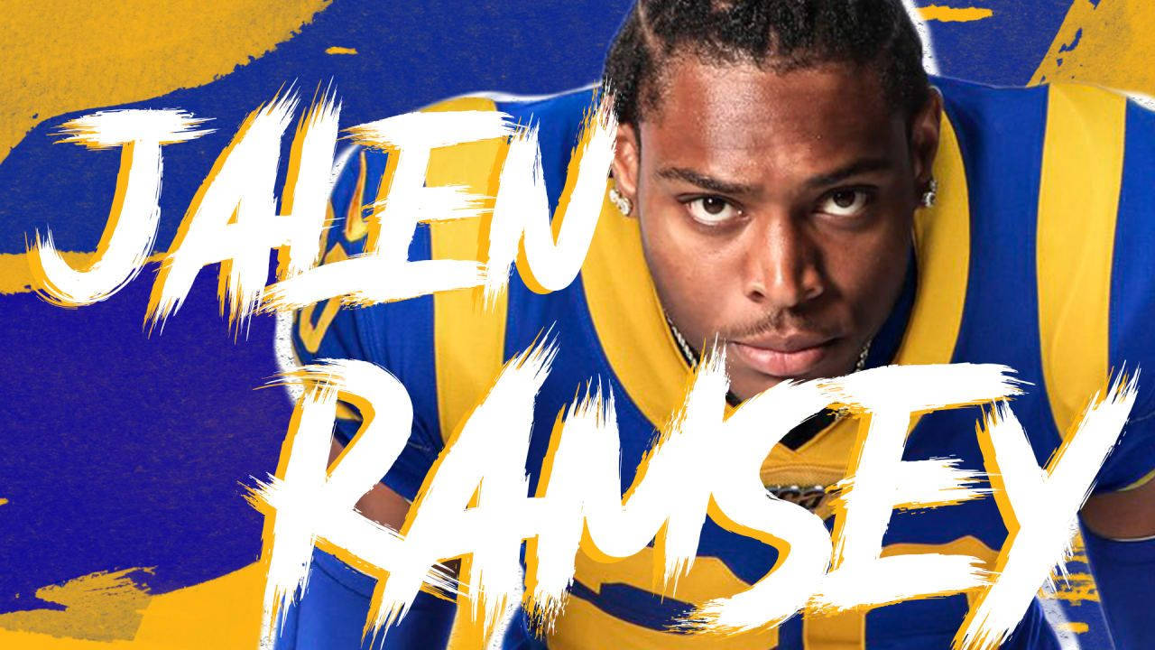 Ramsey 桌布 壁紙 — 運動員 Jalen Ramsey 穿著藍黃條紋球衣，在粗獷的筆觸背景前凝視著。