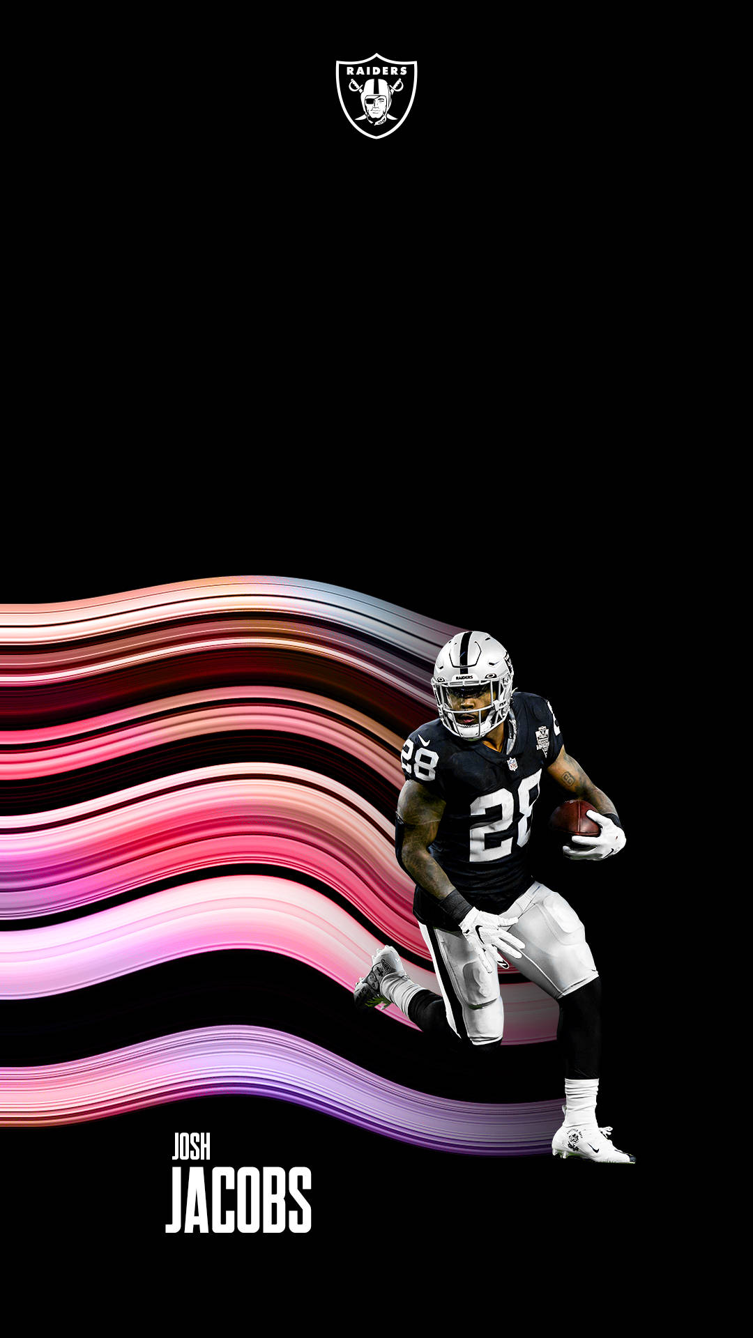 Cool NFL 桌布 壁紙 — 運動員 Josh Jacobs 身穿 Raiders 球衣，在黑色背景上搭配充滿活力的粉紫色動感波浪，動態衝刺。