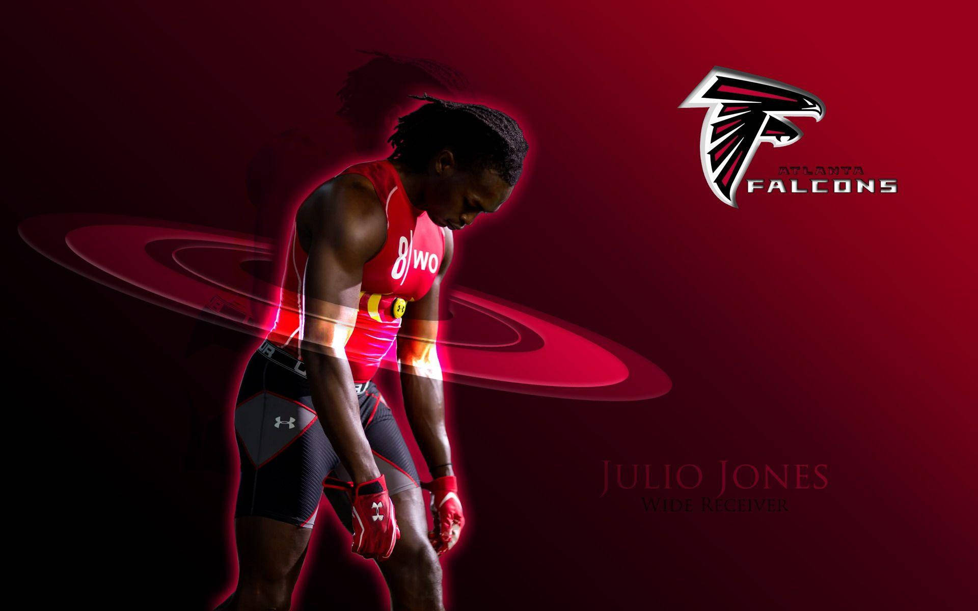 Football Players 桌布 壁紙 — 運動員 Julio Jones 身穿亞特蘭大獵鷹隊裝備，在深色背景上以發光的紅色呈現，並帶有球隊標誌和名稱。