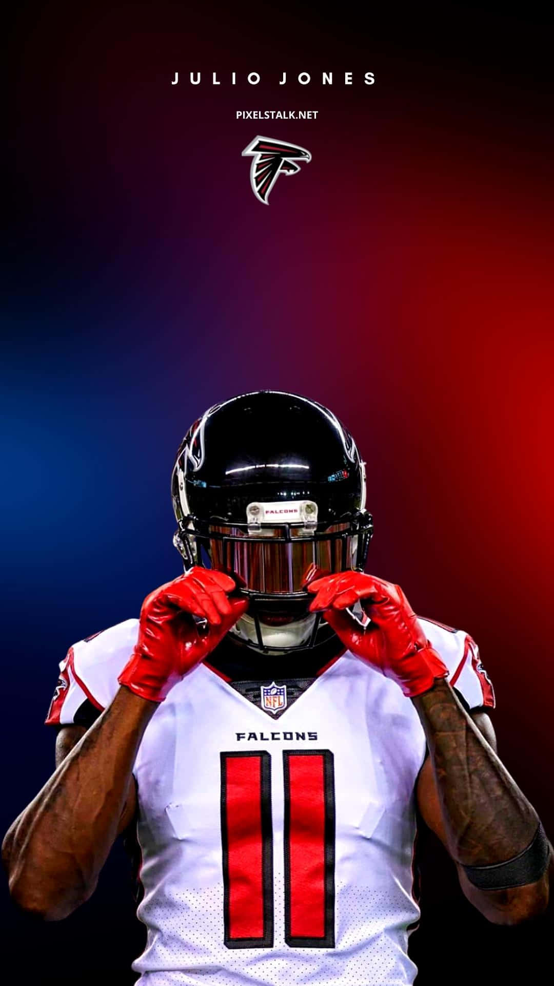 Julio Jones 桌布 壁紙 — 運動員 Julio Jones 身穿亞特蘭大獵鷹隊裝備，在充滿活力的藍紅漸變背景前調整頭盔。