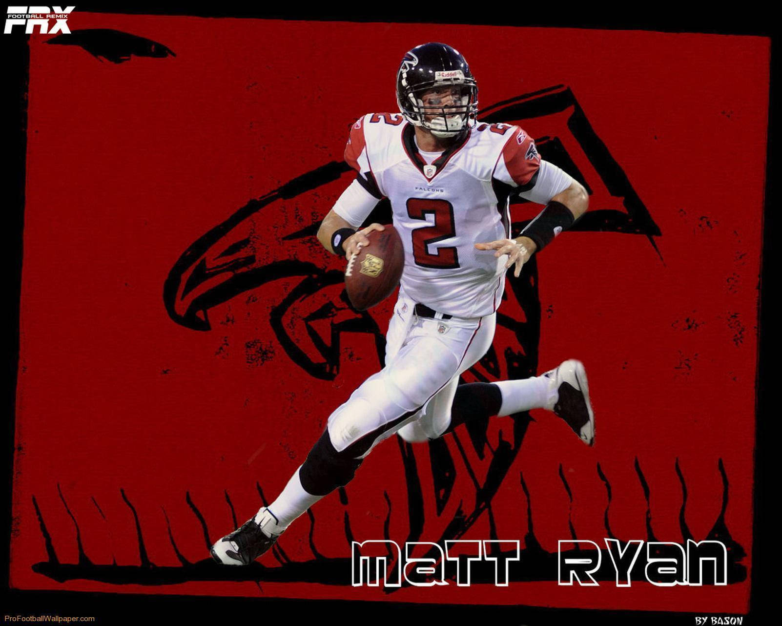 NFL 美式足球 桌布 壁紙 — 運動員 Matt Ryan 身穿亞特蘭大獵鷹隊制服，在帶有球隊標誌的醒目紅色背景上持橄欖球奔跑。