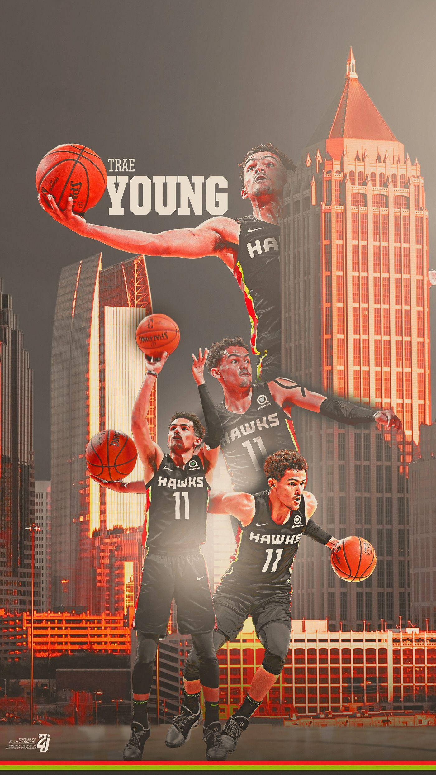Hawks 桌布 壁紙 — 運動員 Trae Young 以多個動態姿勢手持籃球，背景是日落時分閃耀的城市天際線。