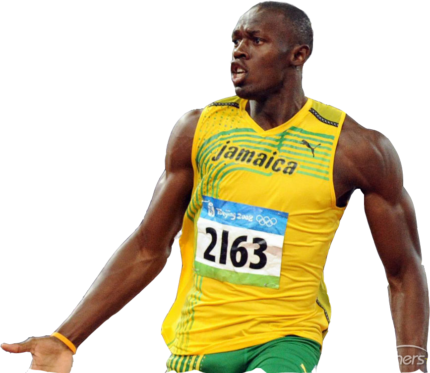 Athletic 桌布 壁紙 — 運動員Usain Bolt身穿黃色牙買加球衣，號碼2163，在黑色背景下全力衝刺。