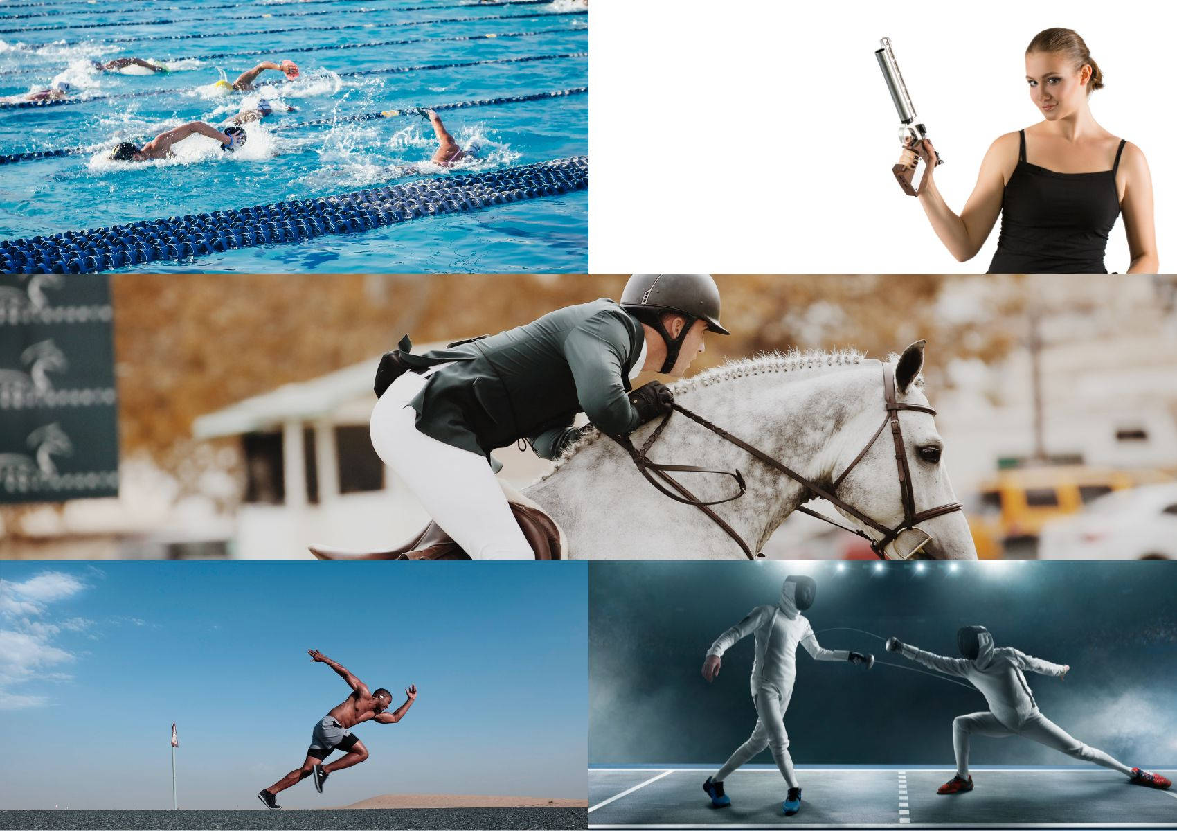 Swimming 桌布 壁紙 — 運動員在動態動作鏡頭中進行游泳、馬術障礙賽、跳遠和擊劍比賽。