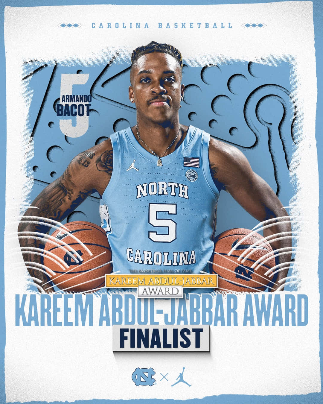 籃球 桌布 壁紙 — 運動型籃球運動員 Armando Bacot 身穿北卡羅來納州球衣，手持兩個籃球，附有獎項決賽入圍者文字和動態圖形元素。