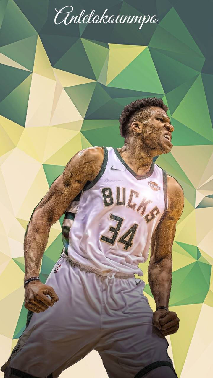  壁紙 — 運動型籃球運動員 Giannis Antetokounmpo 身穿密爾瓦基公鹿隊球衣，在充滿活力的綠色和黃色幾何背景前動態擺姿勢。