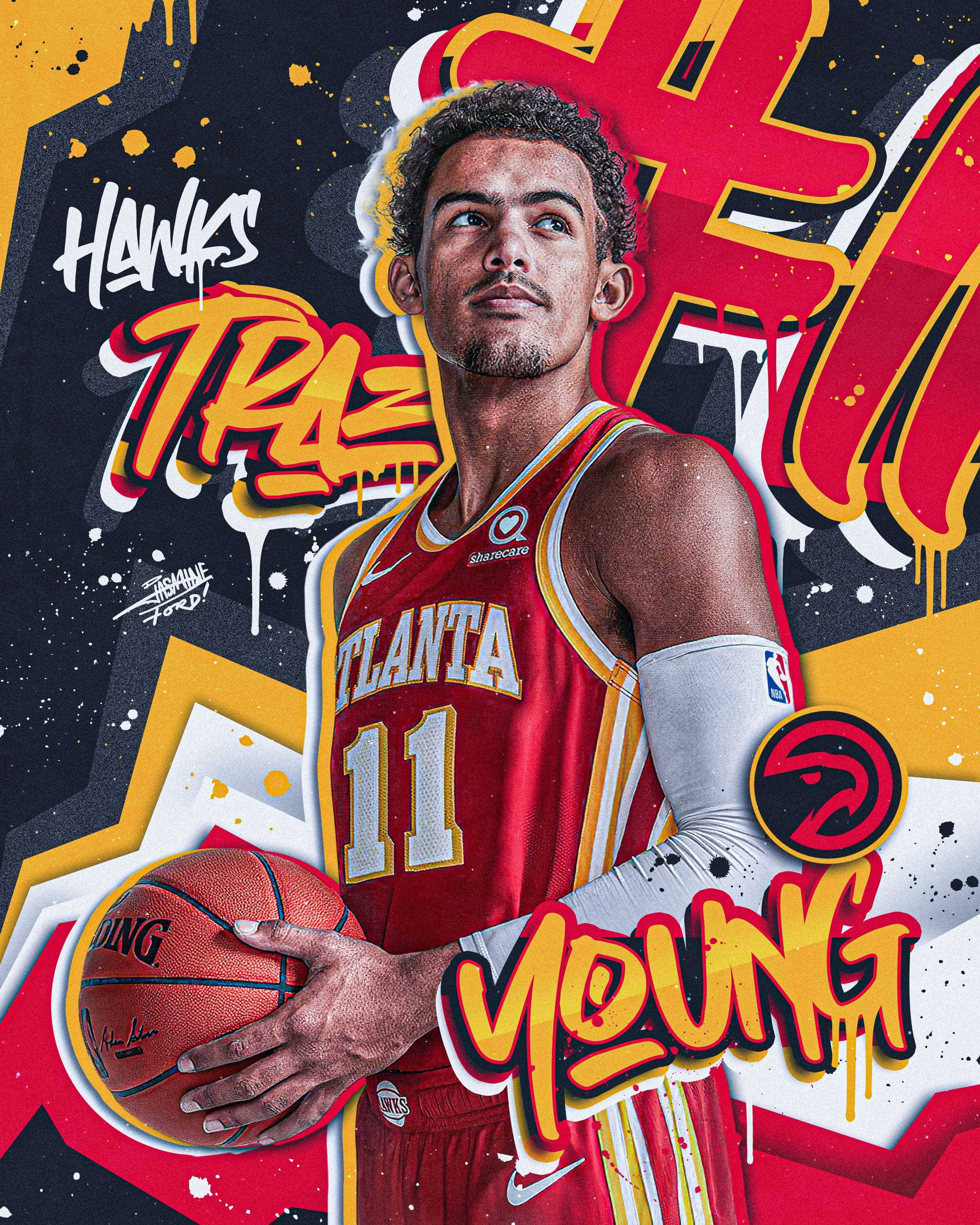 Trae Young 桌布 壁紙 — 運動型籃球運動員 Trae Young 身穿亞特蘭大老鷹隊球衣，在充滿活力的塗鴉風格背景前持球。