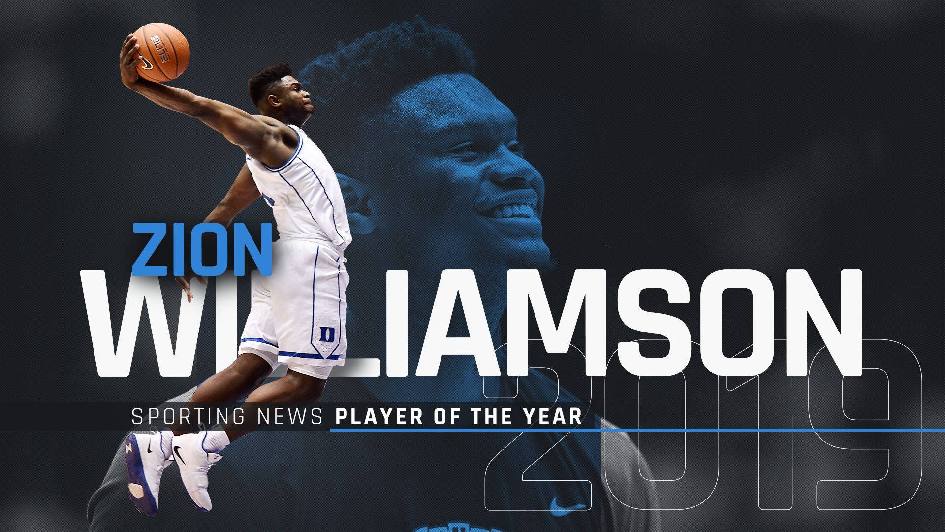 Zion 桌布 壁紙 — 運動型籃球運動員 Zion Williamson 在黑暗背景前跳起持球，帶有他的面部肖像和粗體文字疊加。