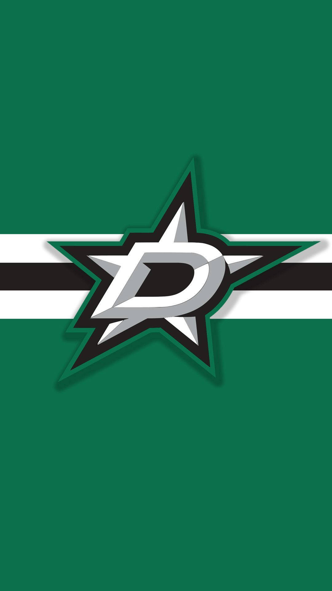 Dallas Stars 桌布 壁紙 — 達拉斯星隊冰球標誌居中於帶有白色和黑色條紋的綠色背景上。