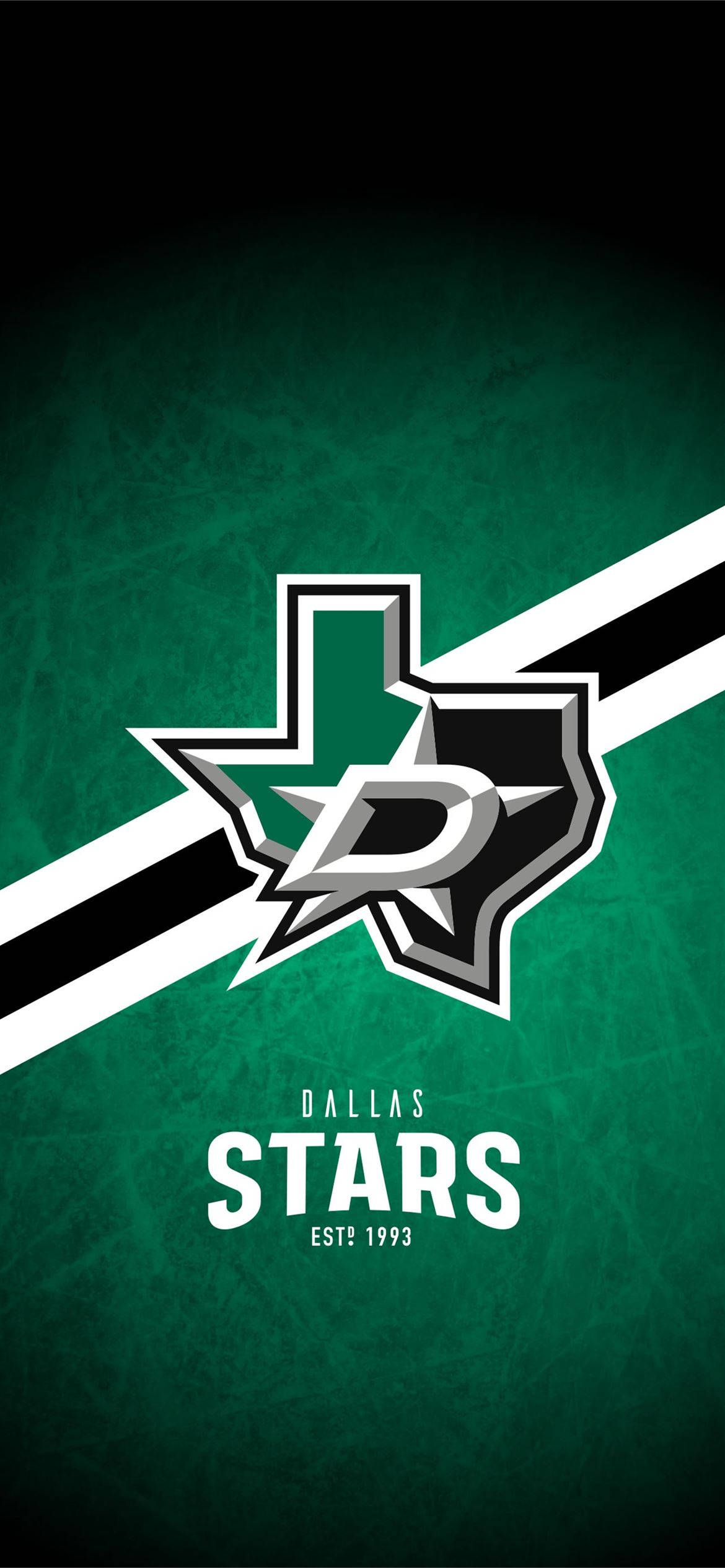 Dallas Stars 桌布 壁紙 — 達拉斯星隊冰球標誌居中於帶有紋理的綠色背景上，並有對角黑白條紋。