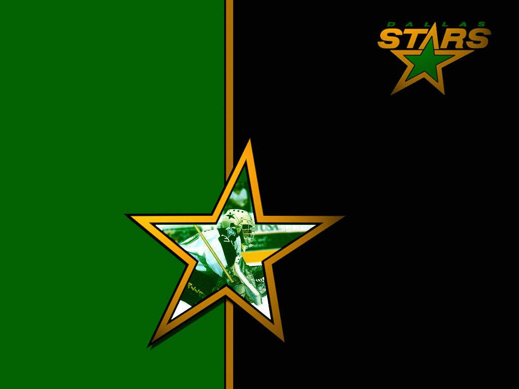 Dallas Stars 桌布 壁紙 — 達拉斯星隊的冰球守門員，位於綠色和金色的星形徽章內，背景為綠色和黑色分割。