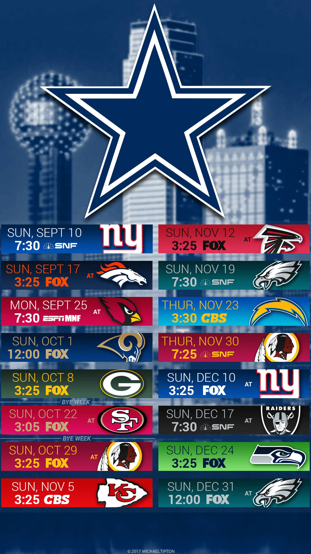 牛仔 桌布 壁紙 — 達拉斯牛仔隊 NFL 賽程桌布，帶有星星標誌和城市天際線背景。