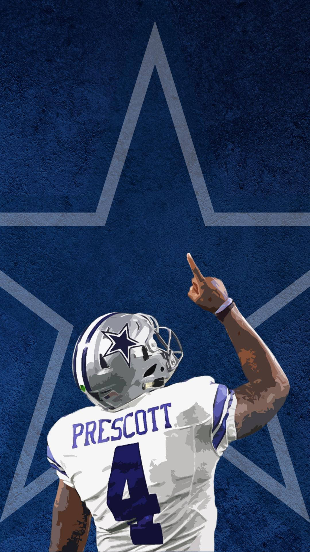 Dak Prescott 桌布 壁紙 — 達拉斯牛仔隊四分衛Dak Prescott身穿白色4號球衣，在紋理藍色星星背景上向上指。