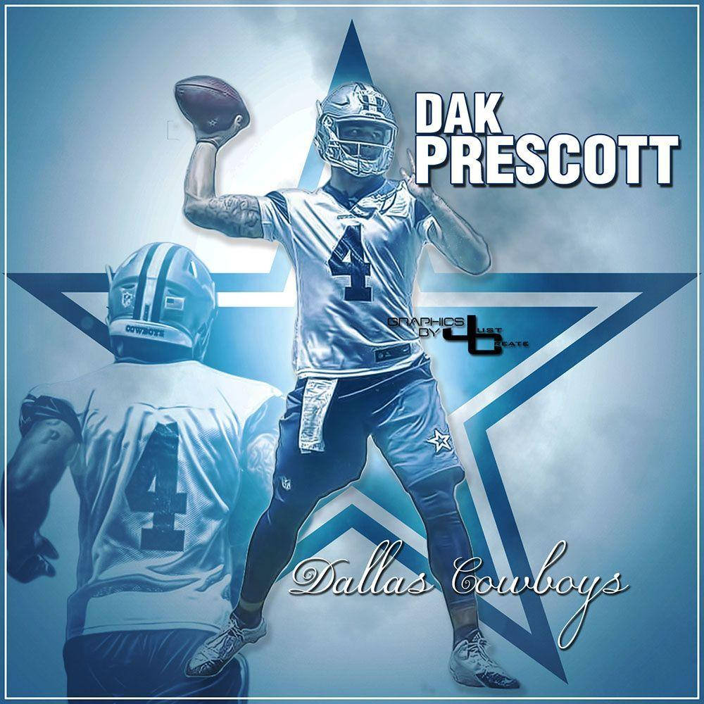 Dak Prescott 桌布 壁紙 — 達拉斯牛仔隊四分衛Dak Prescott以動作姿勢呈現，背景有星星標誌和隊友剪影。