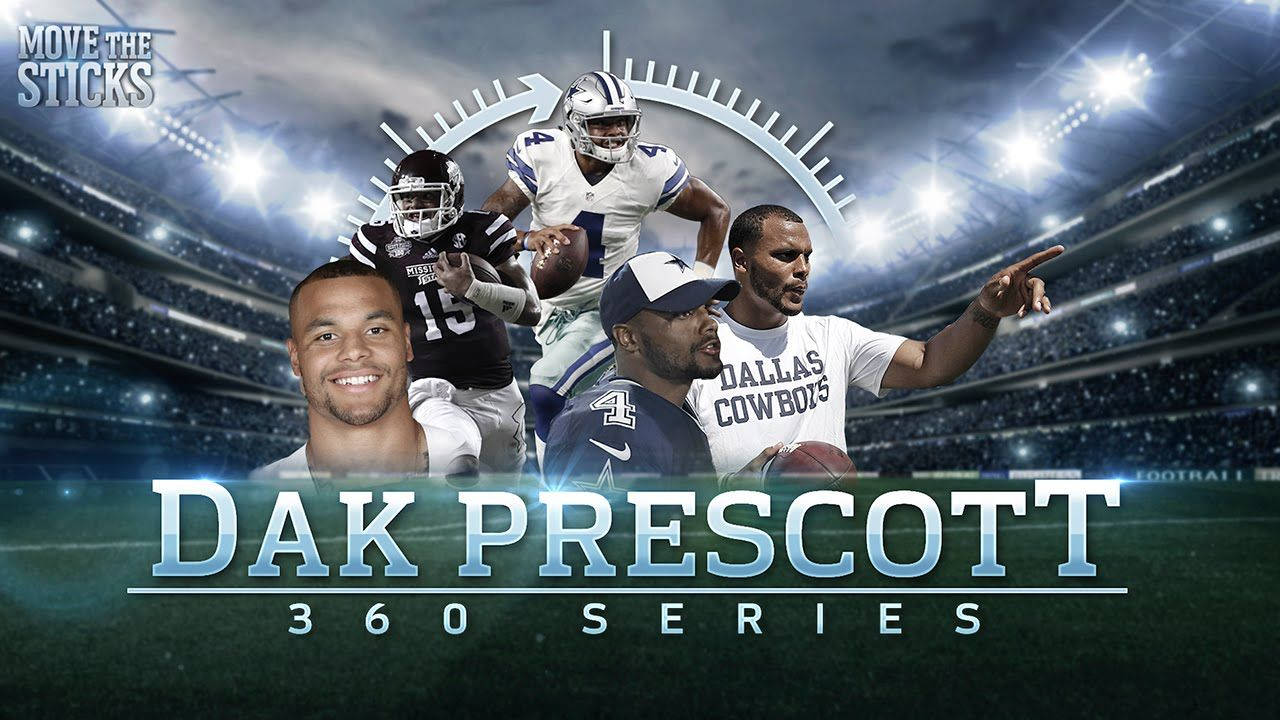 Dak Prescott 桌布 壁紙 — 達拉斯牛仔隊四分衛達克·普雷斯科特在動態360系列宣傳圖中，配有體育場燈光和隊友。