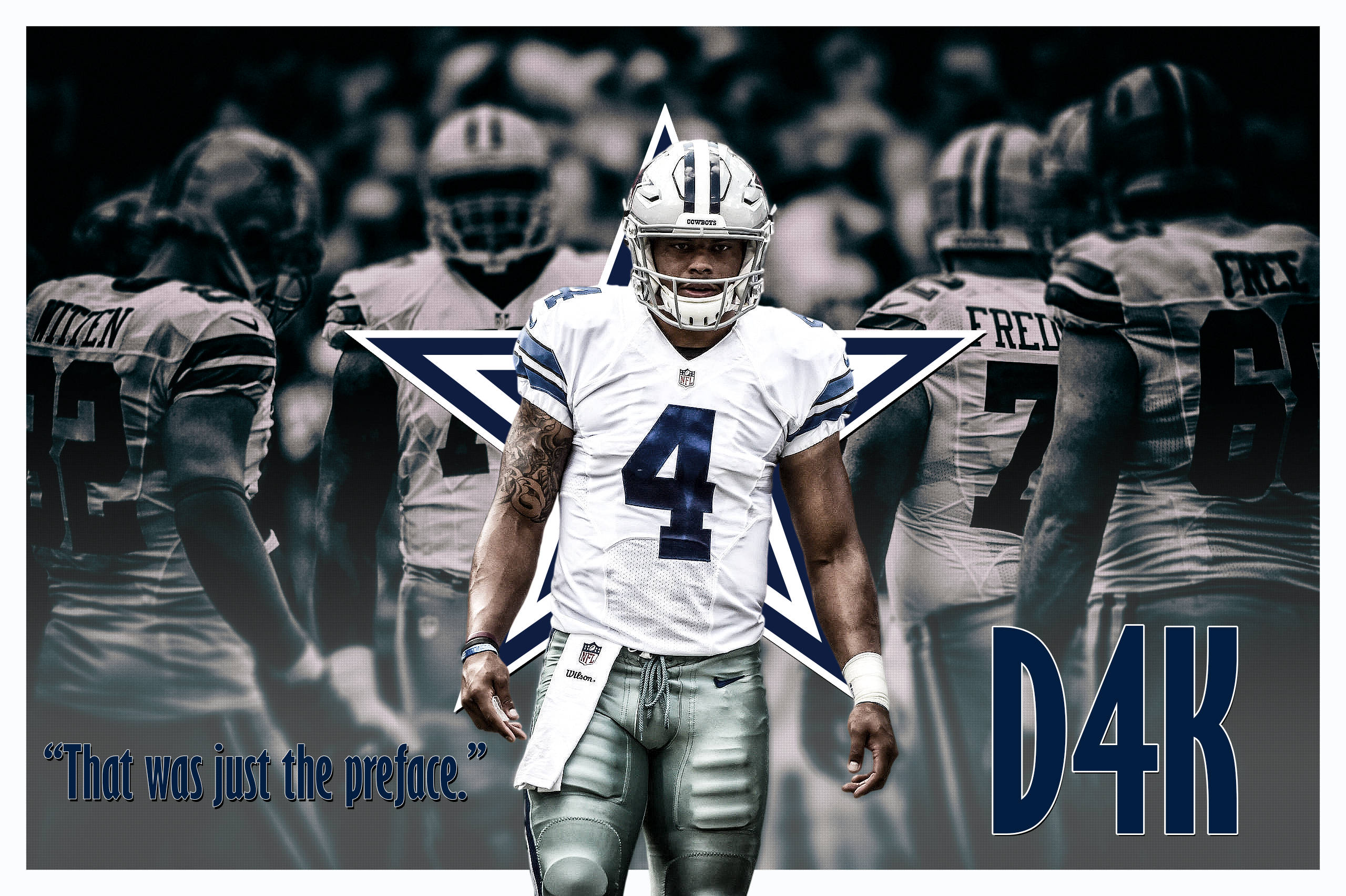 Dak Prescott 桌布 壁紙 — 達拉斯牛仔隊四分衛達克·普雷斯科特身穿白色4號球衣，站在舞台中央，身後隊友模糊，背景是星星。