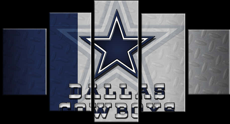Dallas Cowboys Logo 桌布 壁紙 — 達拉斯牛仔隊標誌以粗體藍色和銀色呈現於紋理金屬板上，下方有球隊名稱。