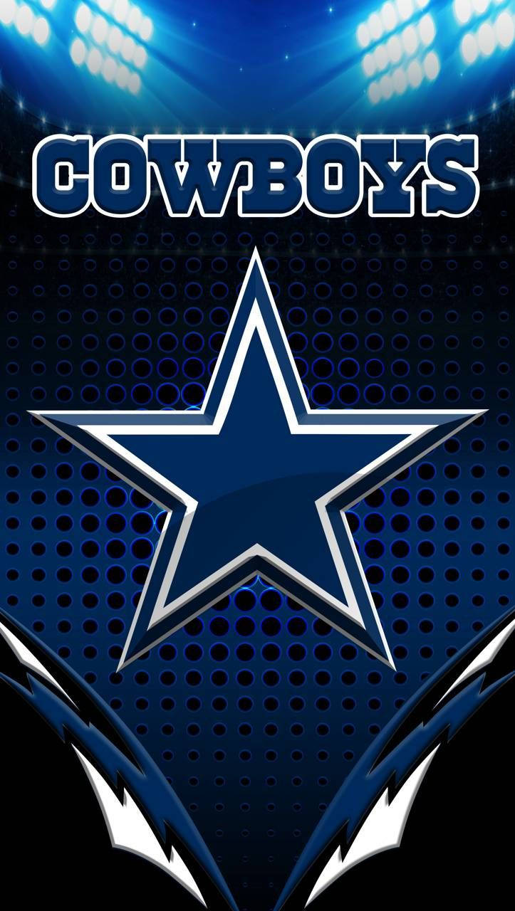 Dallas Cowboys Logo 桌布 壁紙 — 達拉斯牛仔隊標誌在明亮的體育場燈光下，在穿孔的藍色背景上閃耀。