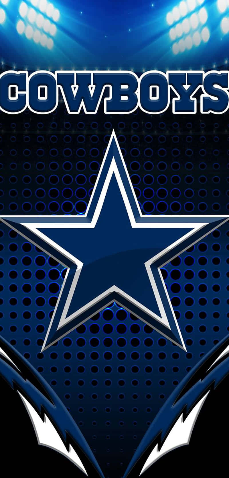 Dallas Cowboys Logo 桌布 壁紙 — 達拉斯牛仔隊標誌在明亮的體育場燈光下，在穿孔的藍色背景上閃耀。