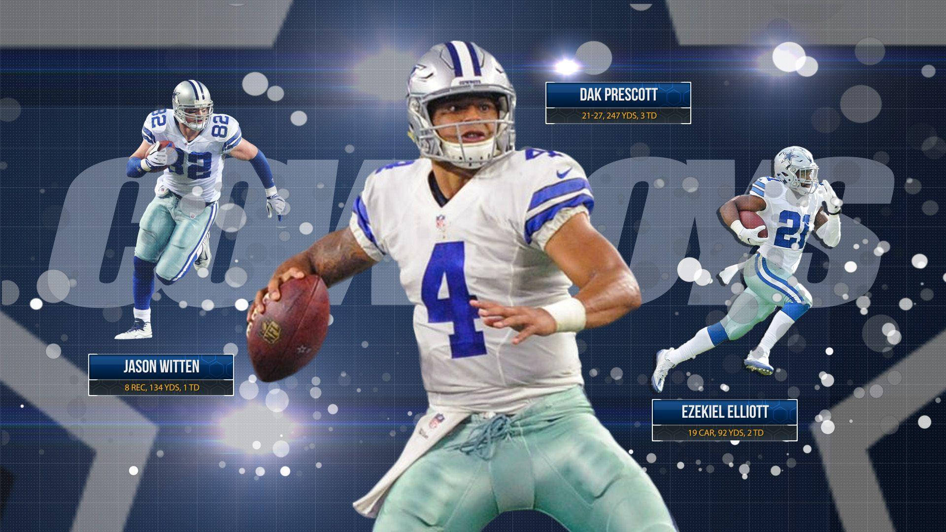 Dak Prescott 桌布 壁紙 — 達拉斯牛仔隊球員Dak Prescott、Jason Witten和Ezekiel Elliott在閃爍的星場背景下擺出動態動作姿勢。