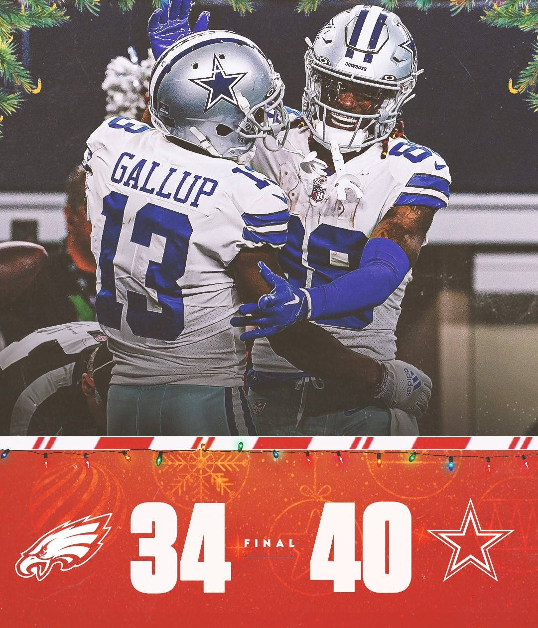 足球 桌布 壁紙 — 達拉斯牛仔隊球員慶祝對老鷹隊的達陣勝利，節日燈光璀璨，記分板顯示40-34。