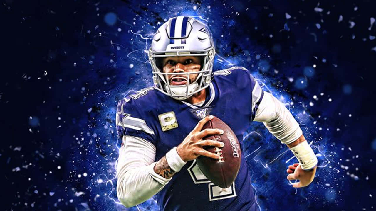 Dallas Cowboys Players 桌布 壁紙 — 達拉斯牛仔隊的四分衛正在行動，被電藍色能量和閃爍粒子包圍，背景為深色。