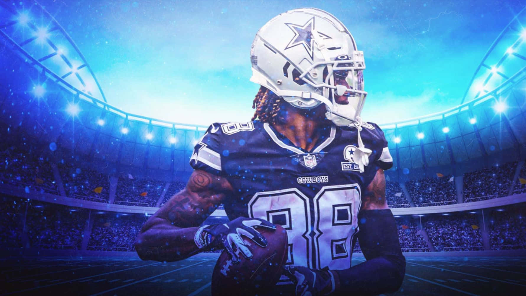 Dallas Cowboys Players 桌布 壁紙 — 達拉斯牛仔隊的美式足球員在藍色體育場明亮的燈光下，手持美式足球，周圍雪花飄落。