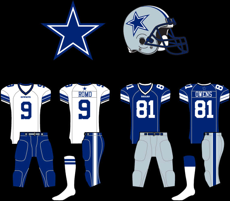 Dallas Cowboys Star 桌布 壁紙 — 達拉斯牛仔隊的足球制服和頭盔在黑色背景上展示，帶有星星標誌。