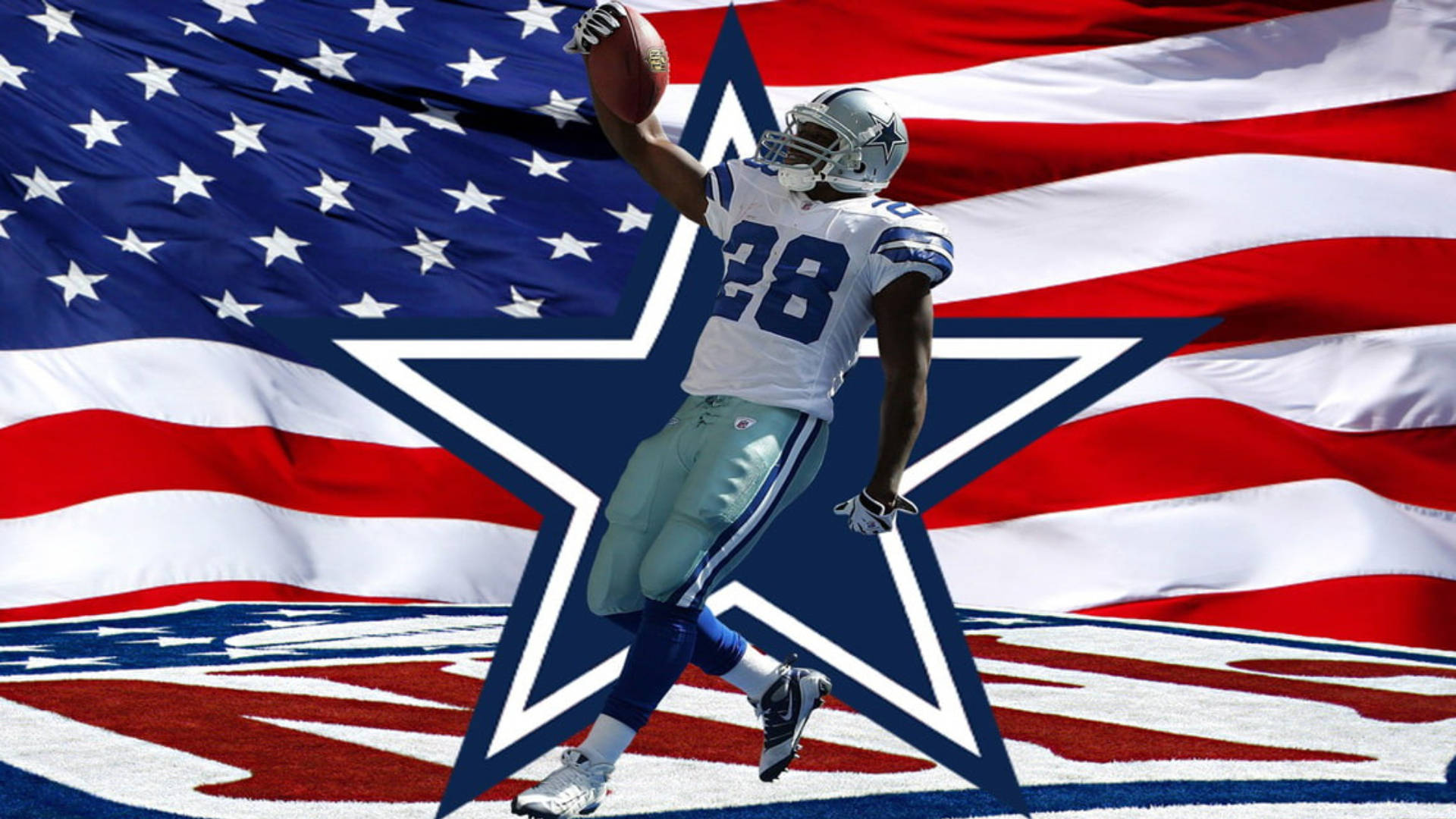 Dallas Cowboys Logo 桌布 壁紙 — 達拉斯牛仔隊的足球員在半空中接球，背景是巨大的美國國旗和球隊星星。