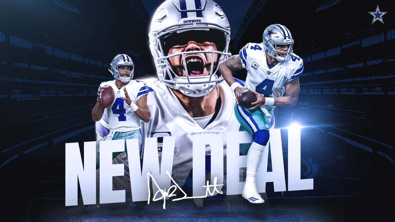Dallas Cowboys Players 桌布 壁紙 — 達拉斯牛仔隊的足球員身穿白色和藍色球衣，在球場燈光下舉著「NEW DEAL」標誌慶祝。