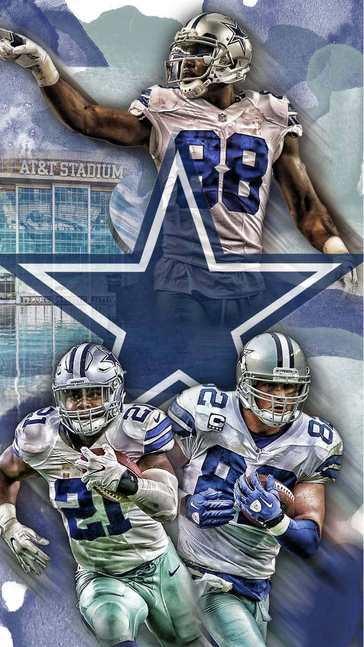 Dallas Cowboys Players 桌布 壁紙 — 達拉斯牛仔隊的足球運動員以動態動作姿勢呈現，背景為球場和星星標誌，帶有動態模糊效果。