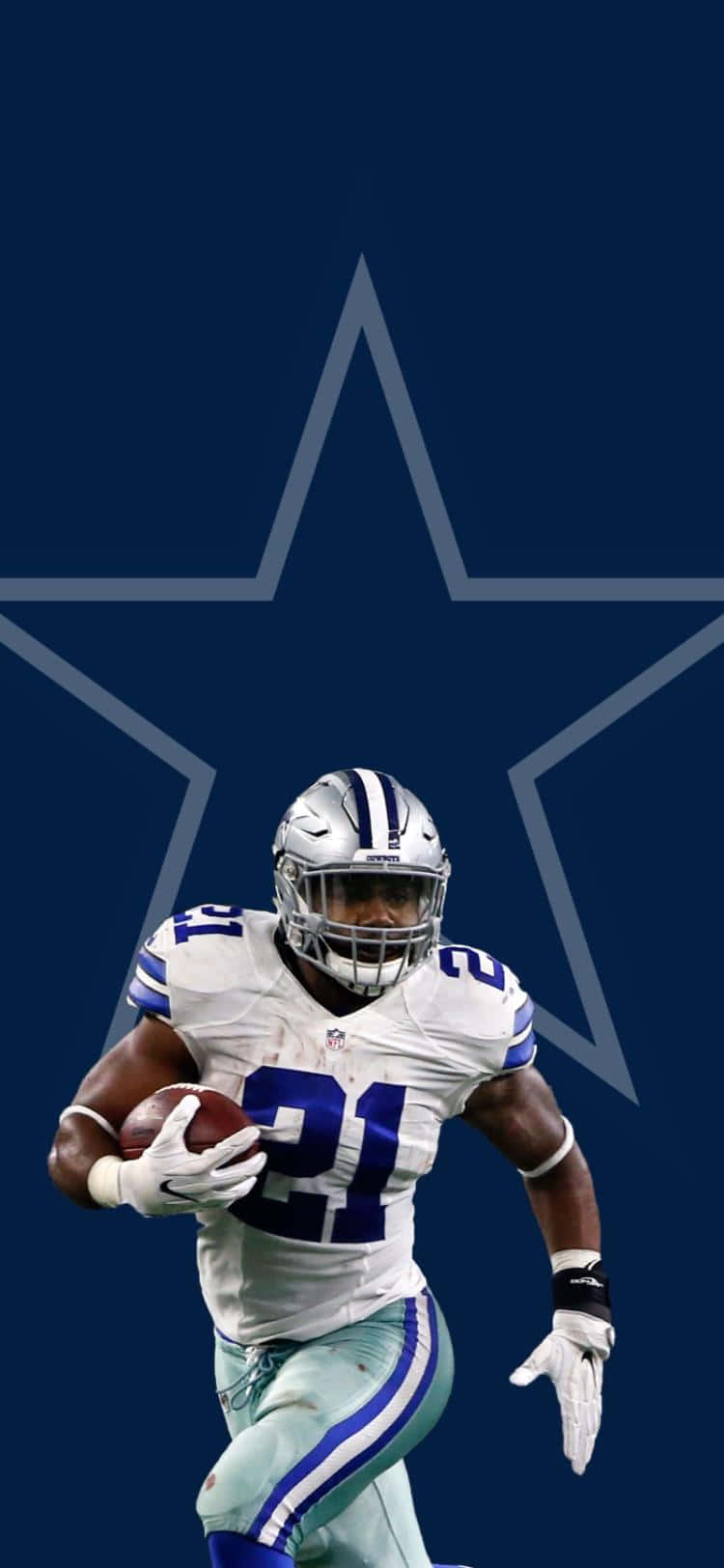 Dallas Cowboys Players 桌布 壁紙 — 達拉斯牛仔隊美式足球員21號在深藍色背景上帶著球奔跑，背景有一個大星星輪廓。