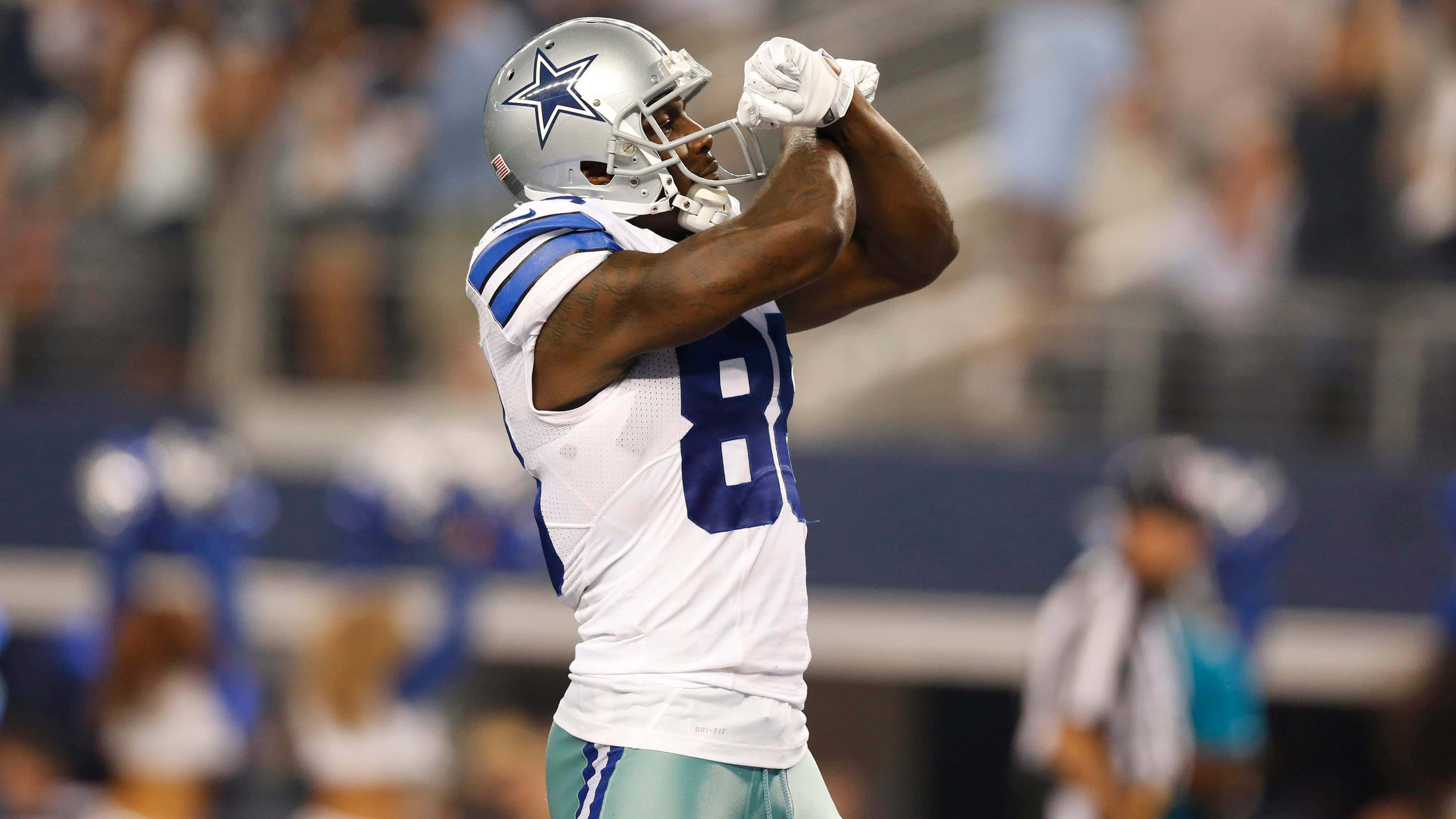 Dallas Cowboys iPhone 桌布 壁紙 — 達拉斯牛仔隊美式足球員81號在明亮的燈光下於體育場慶祝，背後人群模糊。