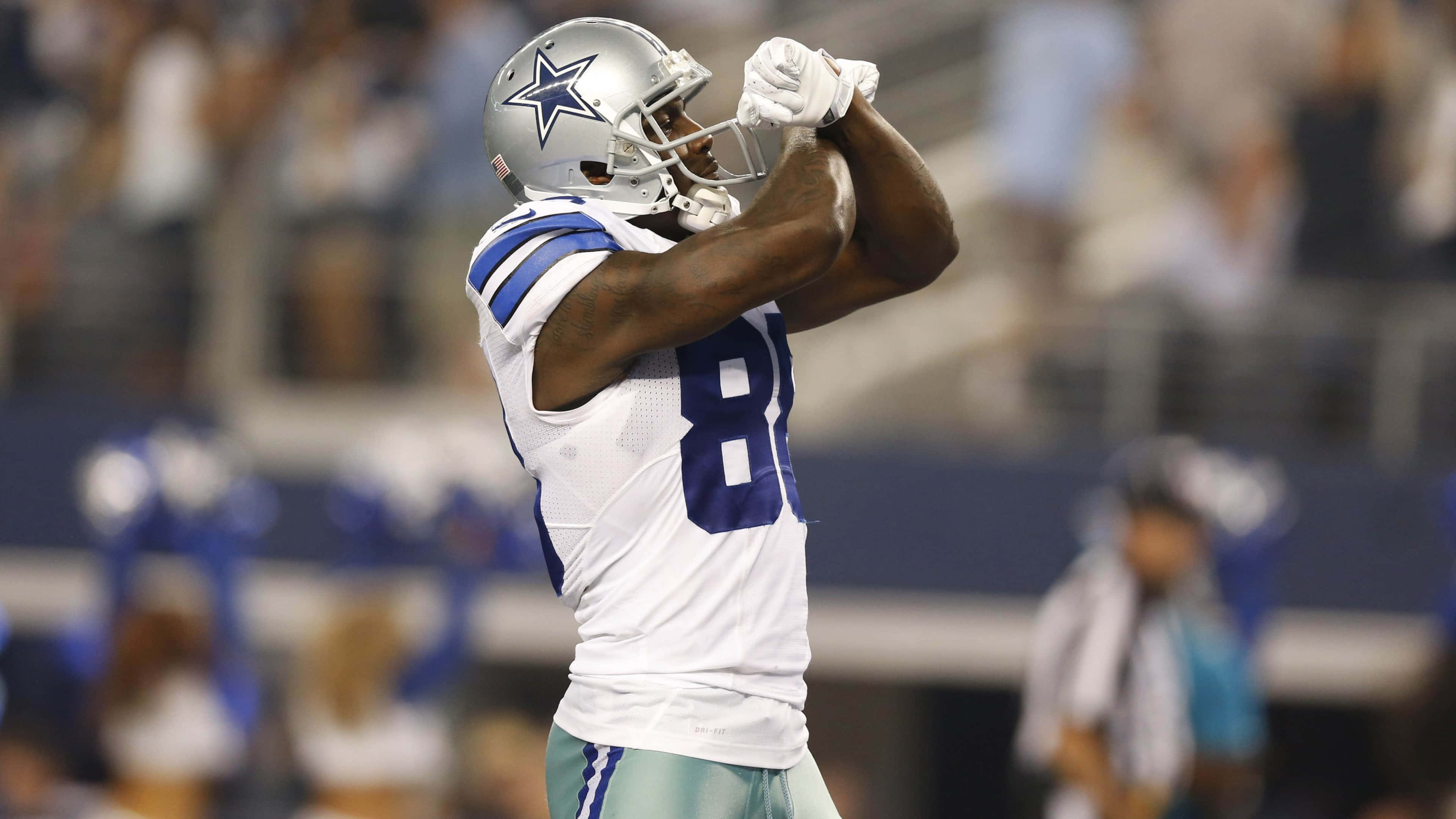 Dallas Cowboys Players 桌布 壁紙 — 達拉斯牛仔隊美式足球員81號在明亮燈光下的體育場內高舉雙臂慶祝。