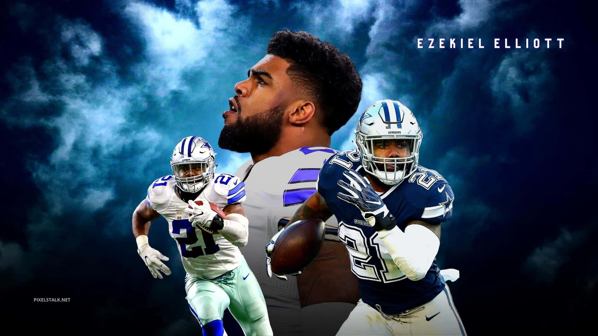 桌布 壁紙 — 達拉斯牛仔隊跑衛 Ezekiel Elliott 在戲劇性的暴風雨天空背景下擺出動態動作姿勢。