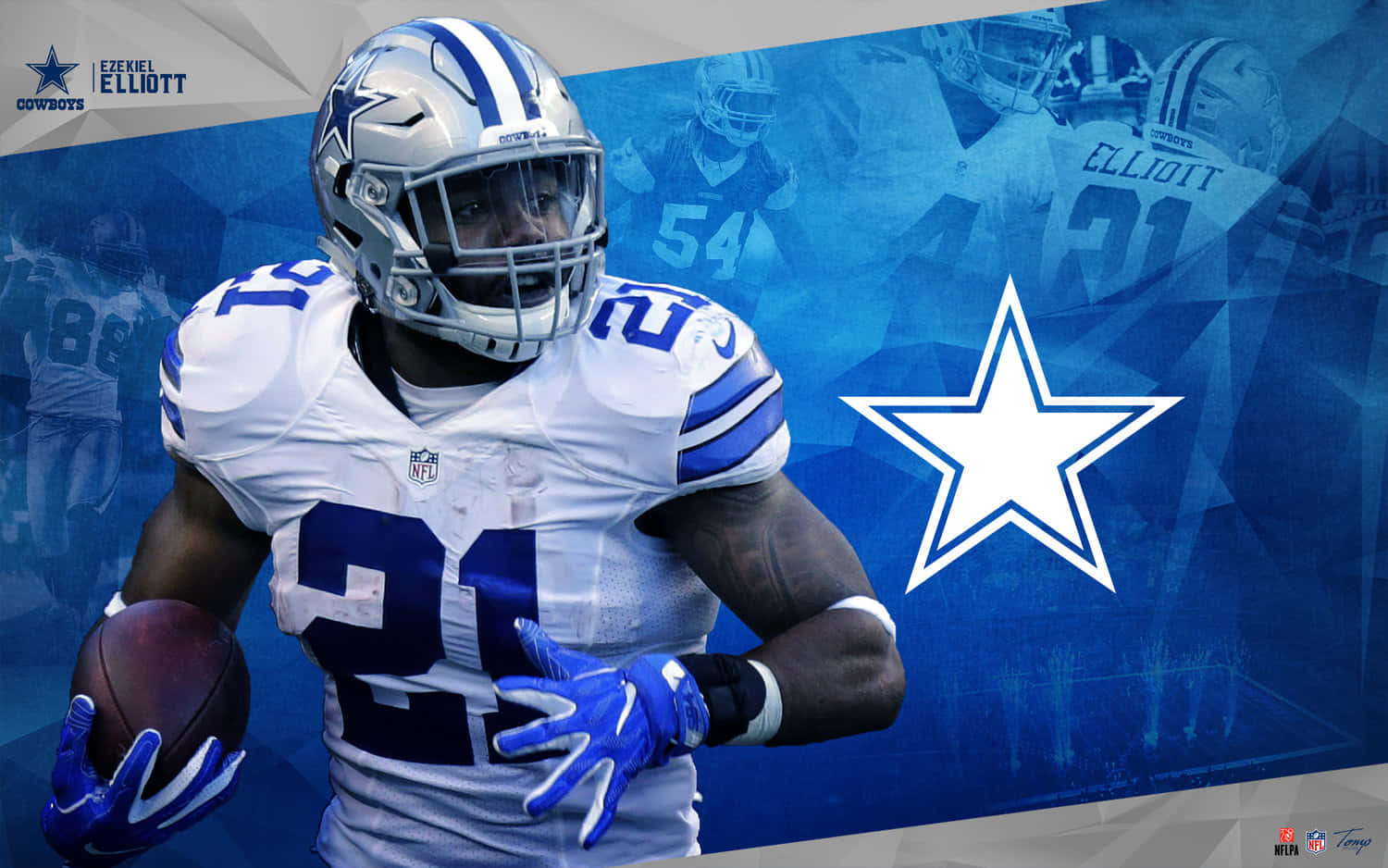 桌布 壁紙 — 達拉斯牛仔隊跑衛 Ezekiel Elliott 身穿白色和藍色制服，在藍色星星主題背景前手持橄欖球。