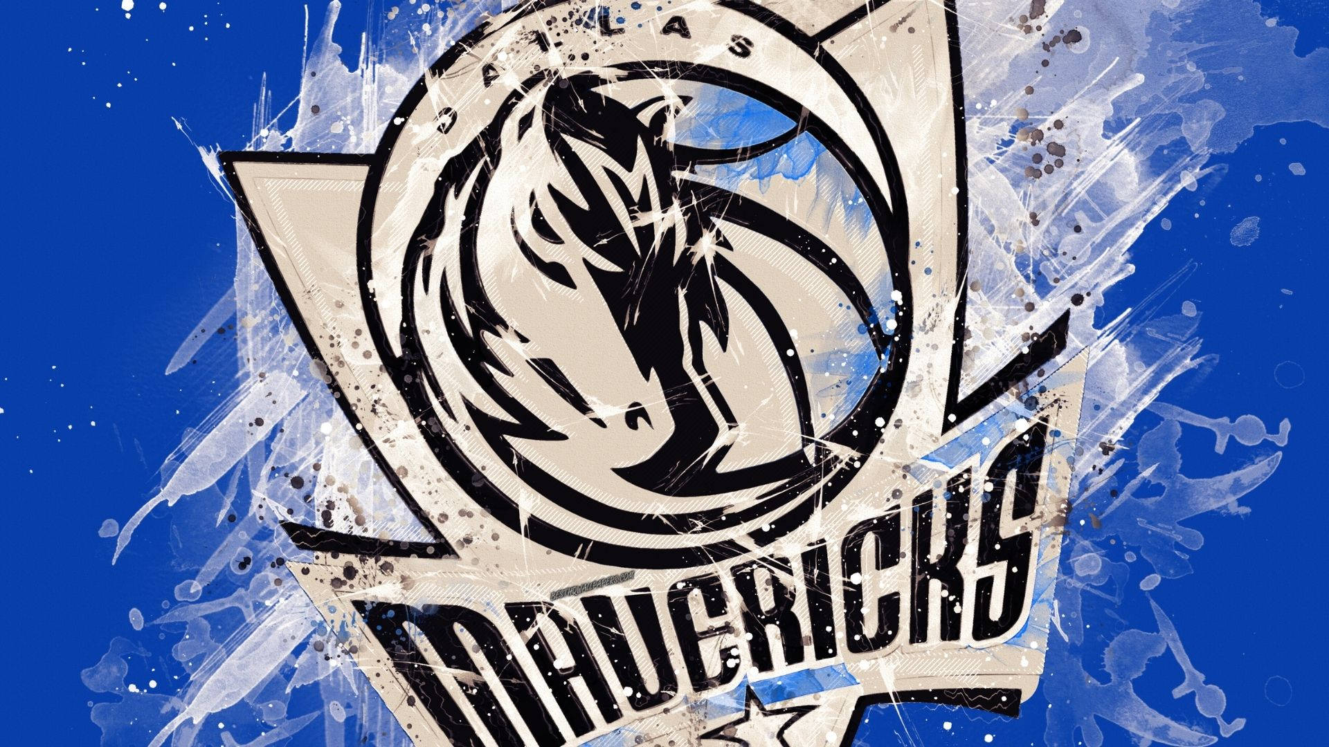 Mavericks 桌布 壁紙 — 達拉斯獨行俠標誌，在鮮明的藍色背景上濺有白色和黑色油漆。