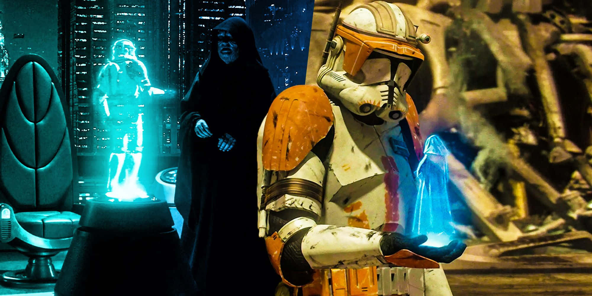 The Order 66 桌布 壁紙 — 達斯·西迪厄斯看著一個風暴兵的立體投影，同時一名在戰鬥中受損的複製人士兵在廢墟指揮中心拿著一顆發光的藍色水晶。