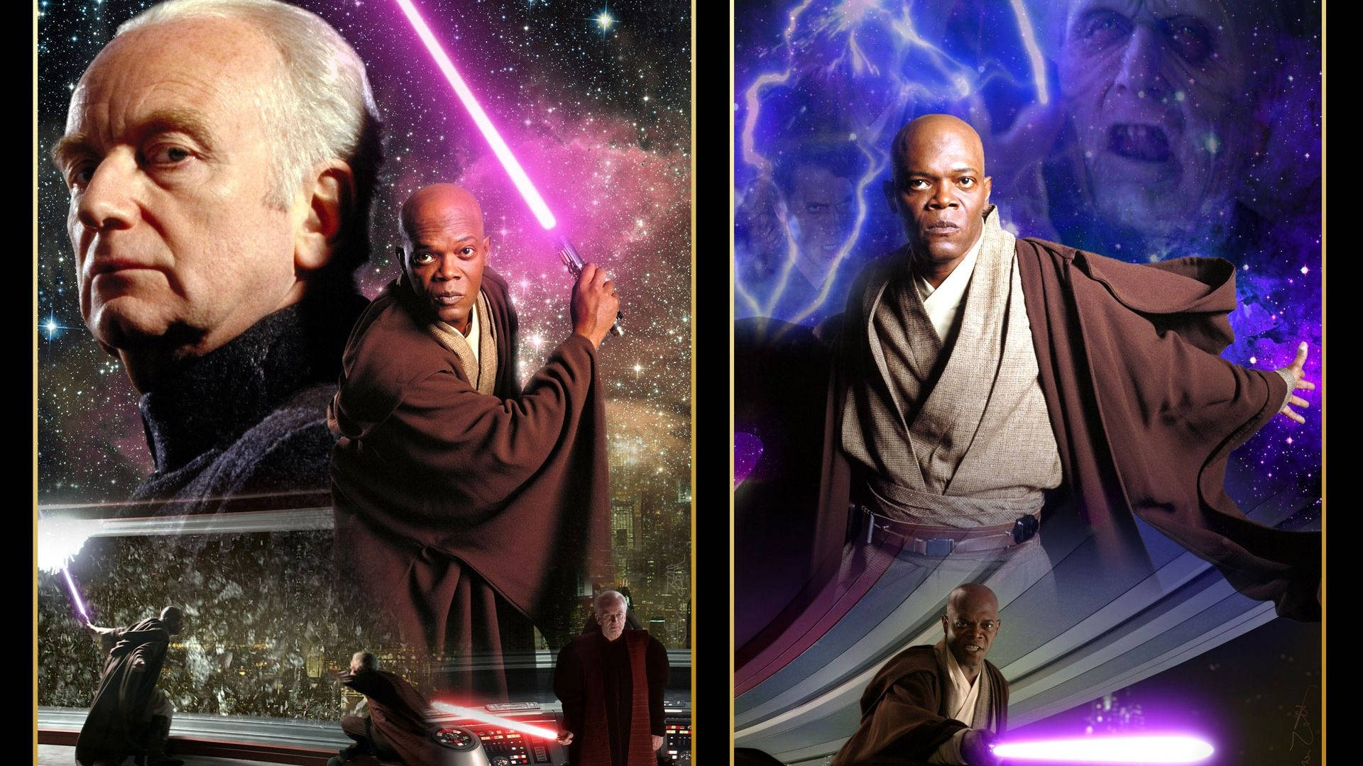 Lightsaber 桌布 壁紙 — 達斯·西迪厄斯與梅斯·溫杜在宇宙星空背景下以發光的紫色光劍交鋒。