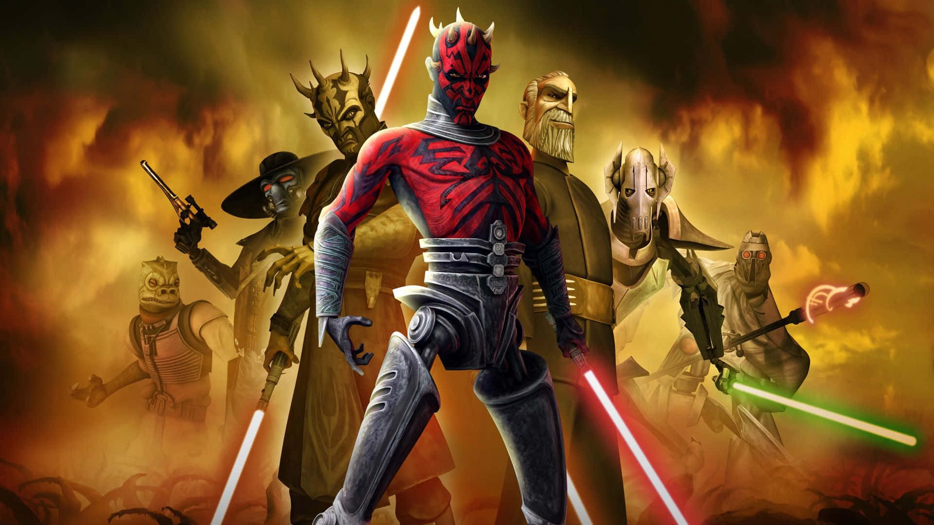 Clone Wars 桌布 壁紙 — 達斯摩爾站在中央，紅色光劍閃耀，他的西斯團隊在熾熱的橙色天空下包圍著他。