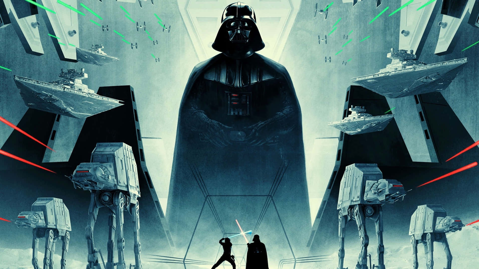 Galactic Empire 桌布 壁紙 — 達斯維德籠罩著兩個揮舞光劍的人物，AT-AT步行機和星際戰鬥機在科幻競技場中戰鬥。
