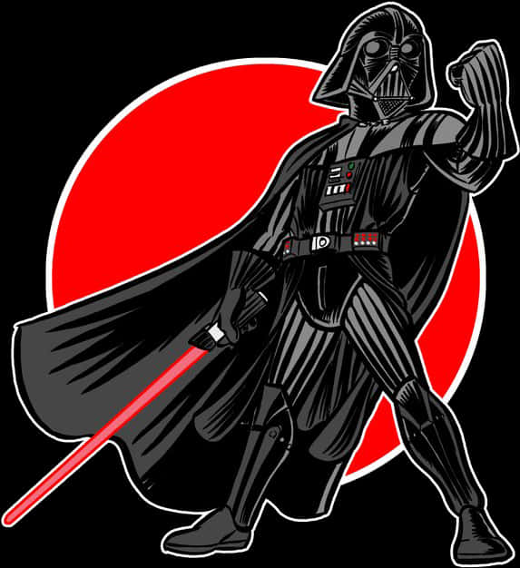Star Wars Art 桌布 壁紙 — 達斯維達以動態姿勢站立，手持紅色光劍，背景為大膽的紅色圓形。